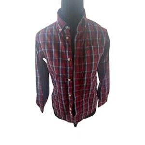 IZOD Boys Red Blue Plaid Long Sleeve Button Down Stretch Shirt Size M 10-12